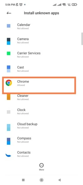 selecione o Chrome para ativar a permissão