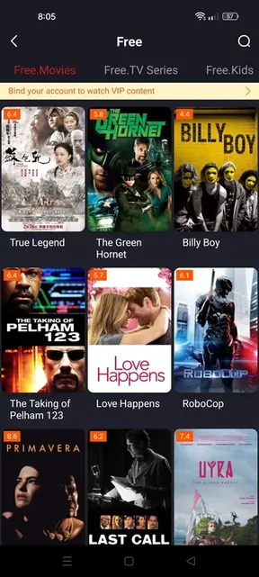tela de lista de filmes gratuitos